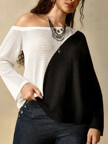 Nubod Plus Size Women's Colorblock Asymmetric Shoulder Long Sleeve Loose Fit T-Shirt Fall - Black - View 1