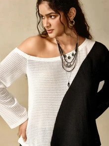 Nubod Plus Size Women's Colorblock Asymmetric Shoulder Long Sleeve Loose Fit T-Shirt Fall - Black - View 7