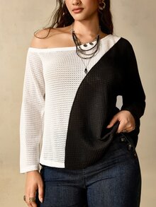 Nubod Plus Size Women's Colorblock Asymmetric Shoulder Long Sleeve Loose Fit T-Shirt Fall - Black - View 4