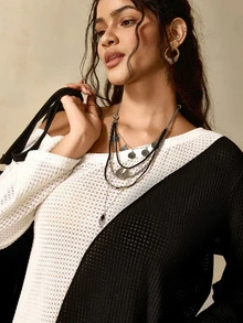Nubod Plus Size Women's Colorblock Asymmetric Shoulder Long Sleeve Loose Fit T-Shirt Fall - Black - View 6