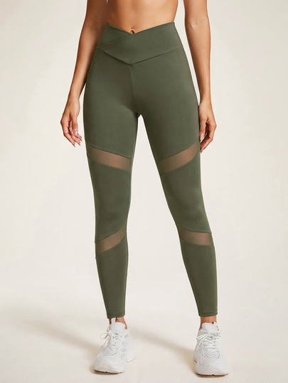 Easithlete Leggings deportivos de yoga con cintura cruzada y patchwork de malla