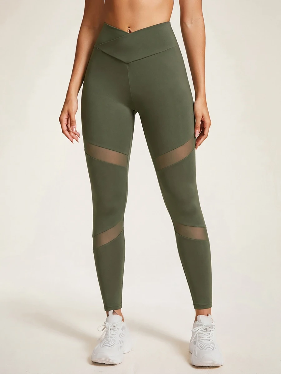 Easithlete Legging Yoga Olahraga dengan Desain Pinggang Silang dan Motif Jala - Hijau Tentara - View 1