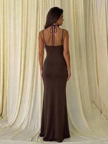 Aloruh Women's Lace Trim Patchwork Bodycon Mermaid Dress,Halloween - Brown - View 2
