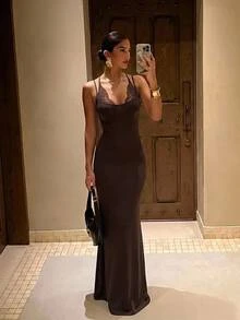 Aloruh Women's Lace Trim Patchwork Bodycon Mermaid Dress,Halloween - Brown - View 3