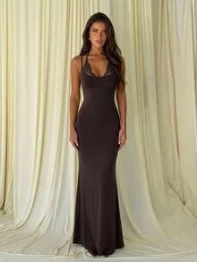 Aloruh Women's Lace Trim Patchwork Bodycon Mermaid Dress,Halloween - Brown - View 1