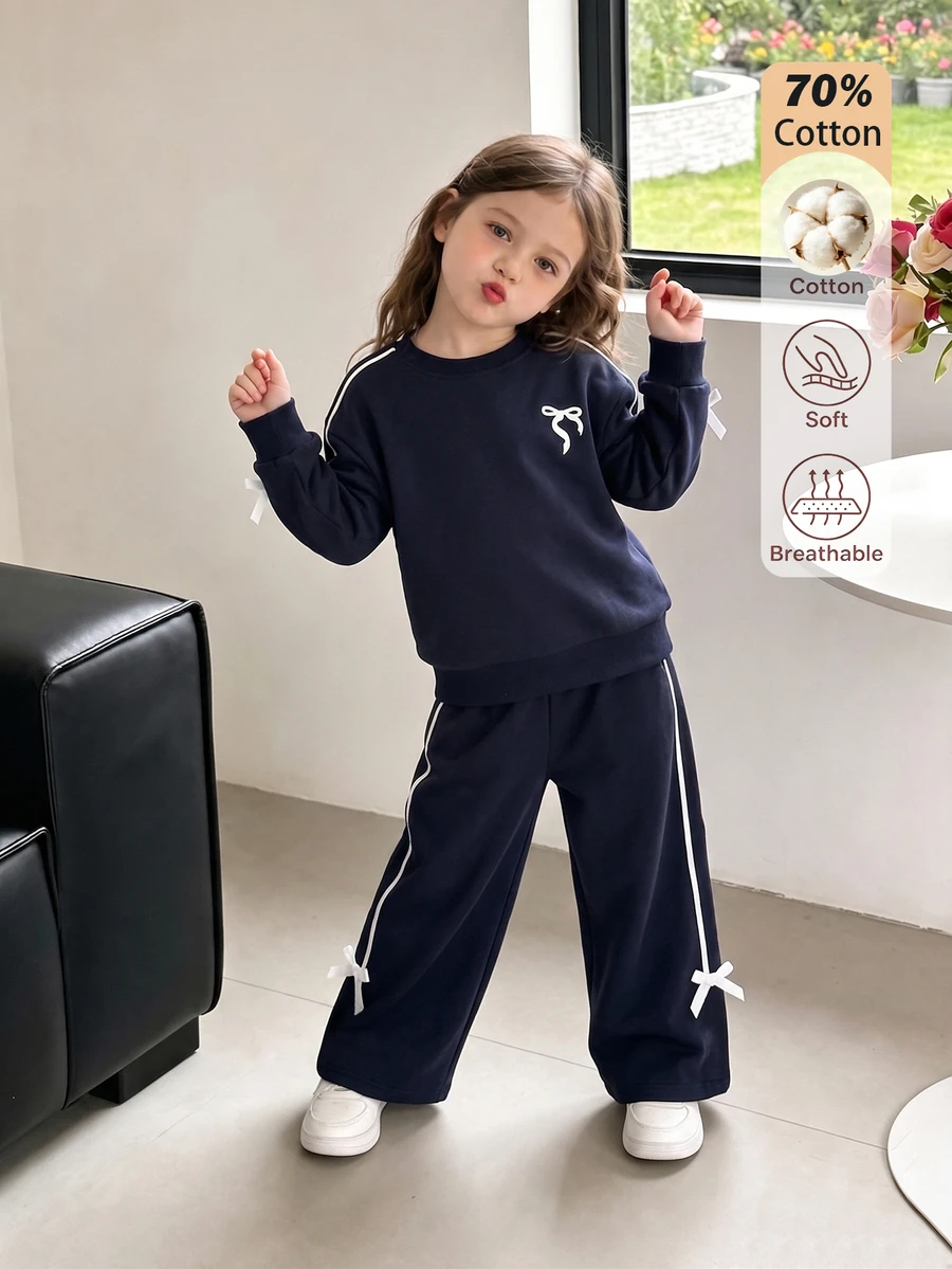 SHEIN Playful Pals 女童蝴蝶結裝飾運動衫與運動褲套裝，休閒可愛圓領長袖套頭衫與運動長褲兩件式上學穿搭
