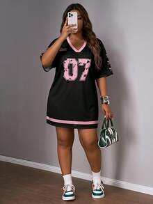 Slaydiva Women V-Neck Mesh Mini Dress, Jersey No.07, Black & Pink, Suitable For Summer, Suitable For Sports Games, Back To School - Multicolor - View 1