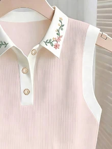 Franclia 【印花設計】女款花卉印花拼接休閒學院風可愛百搭日常穿搭上衣 適合學生、教師 粉色花卉夏季背心 - 彩色 - 查看 5