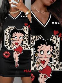 Slaydiva Betty Boop x SHEIN 大尺碼女款數位豹紋V領寬鬆休閒洋裝，適合夏季 - 彩色 - 查看 4
