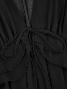 SHEIN LUNE Gaun Luar Halloween Panjang Bergaya Gothic Elegan Ukuran Plus dari Chiffon Hitam dengan Pita Ikat di Depan dan Rumbai-rumbai Menjuntai, Cocok untuk Konser, Koktail, dan Musim Gugur. - Hitam - View 6