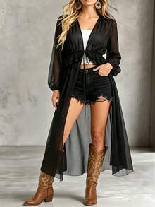SHEIN LUNE Gaun Luar Halloween Panjang Bergaya Gothic Elegan Ukuran Plus dari Chiffon Hitam dengan Pita Ikat di Depan dan Rumbai-rumbai Menjuntai, Cocok untuk Konser, Koktail, dan Musim Gugur. - Hitam - View 7