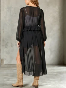 SHEIN LUNE Gaun Luar Halloween Panjang Bergaya Gothic Elegan Ukuran Plus dari Chiffon Hitam dengan Pita Ikat di Depan dan Rumbai-rumbai Menjuntai, Cocok untuk Konser, Koktail, dan Musim Gugur. - Hitam - View 2