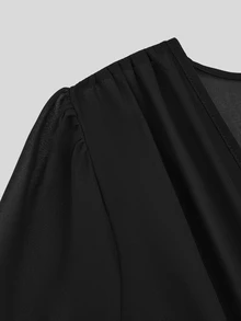 SHEIN LUNE Gaun Luar Halloween Panjang Bergaya Gothic Elegan Ukuran Plus dari Chiffon Hitam dengan Pita Ikat di Depan dan Rumbai-rumbai Menjuntai, Cocok untuk Konser, Koktail, dan Musim Gugur. - Hitam - View 3