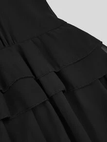 SHEIN LUNE Gaun Luar Halloween Panjang Bergaya Gothic Elegan Ukuran Plus dari Chiffon Hitam dengan Pita Ikat di Depan dan Rumbai-rumbai Menjuntai, Cocok untuk Konser, Koktail, dan Musim Gugur. - Hitam - View 4