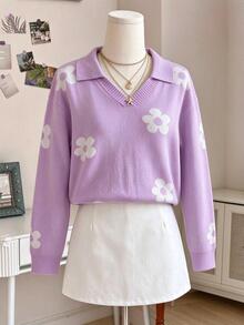 SHEIN Fall Winter Tween Girl Purple Long Sleeve Floral Sweater Pullover, Back To School, Cozy Soft, Festival Christmas Casual Daily Wear - Purple - View 8