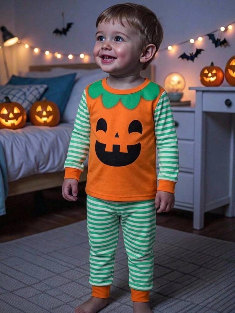 Cozy Pixies Baby Boy Snug Fit Pajama Set, Cartoon Pumpkin Halloween Ghost Pattern Striped Design, Soft Knitted Crew Neck Long Sleeve Pullover Snug Fit Home Top With Elastic Waist Long Pants - Orange - View 1