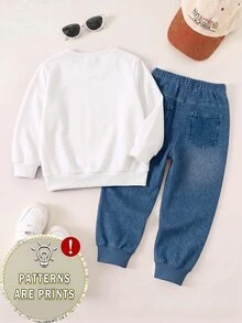 SHEIN 2pcs Baby Boys Sweatshirt Sets Preppy Navy Blue White Stripe Letter Print Loose Fit Ribbed Crewneck Long Sleeve School Fall Cute,1 Random Set - Multicolor - View 2