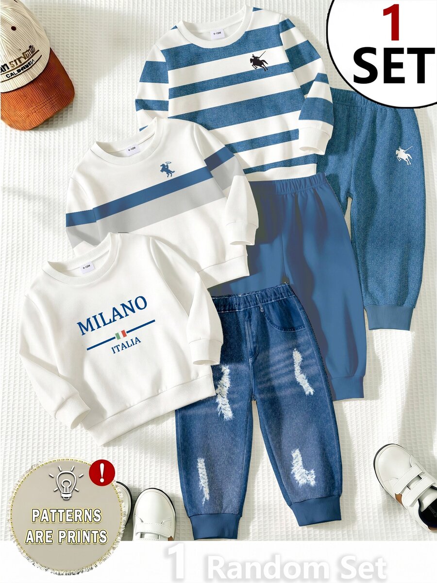 SHEIN 2pcs Baby Boys Sweatshirt Sets Preppy Navy Blue White Stripe Letter Print Loose Fit Ribbed Crewneck Long Sleeve School Fall Cute,1 Random Set - Multicolor - View 1