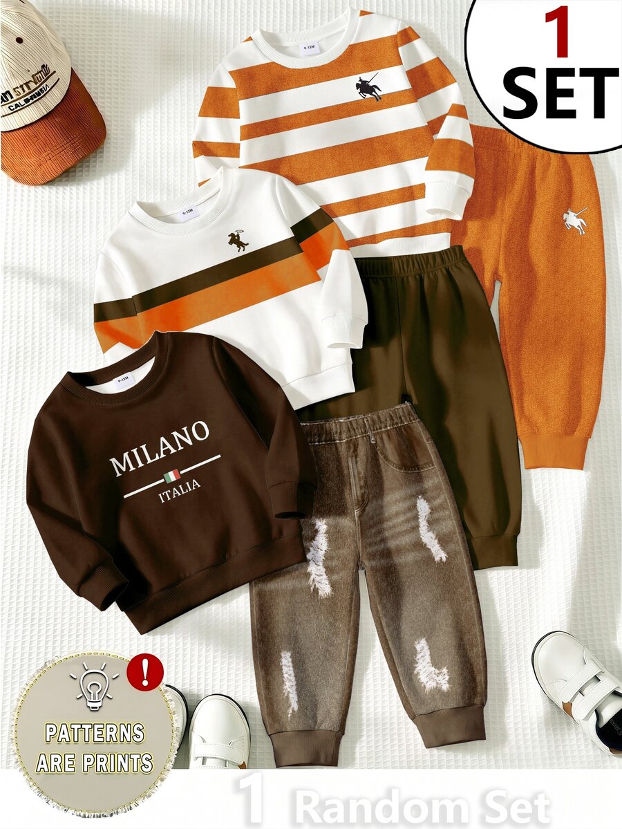 SHEIN 2pcs Baby Boys Sets Preppy Orange Brown Striped Logo Print Loose Fit Crew Neck Ribbed Trim Fall Back To School Vacation,1 Random Set - Multicolor - View 1