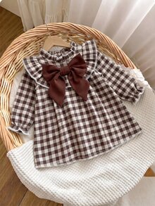 SHEIN LMoss Kids 女嬰女童可愛度假休閒杏色格紋蝴蝶結長袖寬鬆洋裝，秋季花卉洋裝，學校、返校、校服 - 咖啡棕 - 查看 7