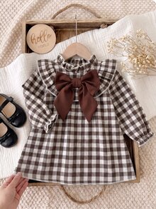 SHEIN LMoss Kids 女嬰女童可愛度假休閒杏色格紋蝴蝶結長袖寬鬆洋裝，秋季花卉洋裝，學校、返校、校服 - 咖啡棕 - 查看 4