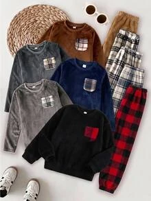 SHEIN Kids Boys' Comfortable Plaid Fleece Long Sleeve Top And Pants 2 Pieces Pajama Set, Suitable For Autumn/Winter, Christmas Party - Red - View 2