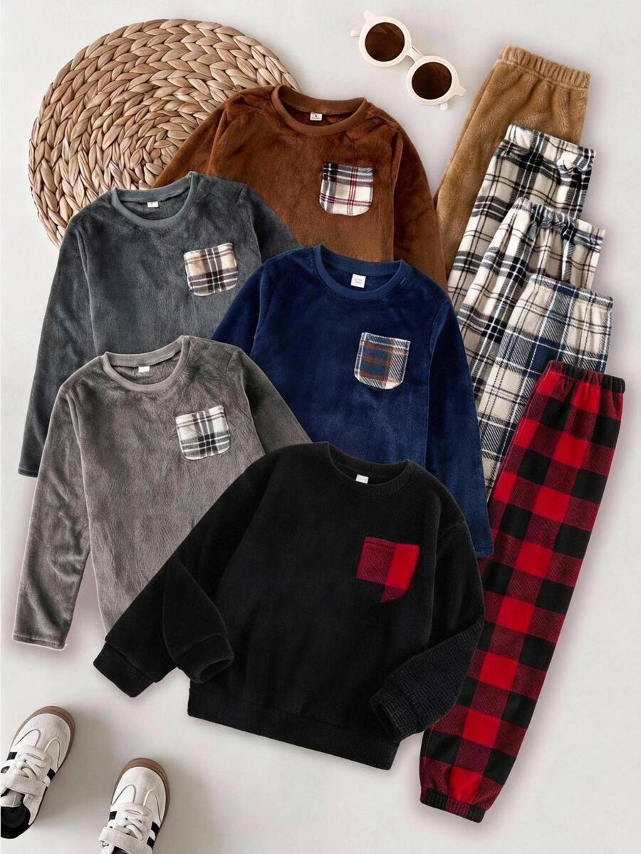 SHEIN Kids Boys' Comfortable Plaid Fleece Long Sleeve Top And Pants 2 Pieces Pajama Set, Suitable For Autumn/Winter, Christmas Party