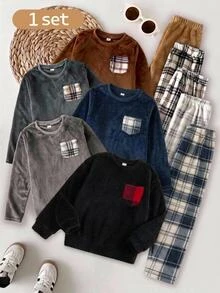 SHEIN Kids Boys' Comfortable Plaid Fleece Long Sleeve Top And Pants 2 Pieces Pajama Set, Suitable For Autumn/Winter, Christmas Party - Red - View 4