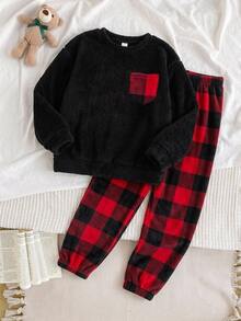 SHEIN Kids Boys' Comfortable Plaid Fleece Long Sleeve Top And Pants 2 Pieces Pajama Set, Suitable For Autumn/Winter, Christmas Party - Red - View 5
