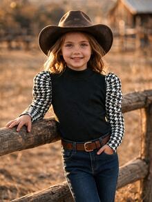 Emery Rose Kids Emery Rose Kids Young Girl Young Girl Young Girl 女孩高領打底上衣，秋冬時尚拼接花瓣袖 T-shirt，兒童抓皺袖修身款 - 黑與白 - 查看 2