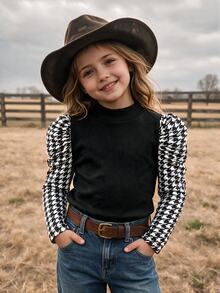Emery Rose Kids Emery Rose Kids Young Girl Young Girl Young Girl 女孩高領打底上衣，秋冬時尚拼接花瓣袖 T-shirt，兒童抓皺袖修身款 - 黑與白 - 查看 3