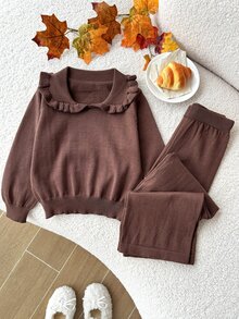 Souflis Young Girls Sweater Co-Ords Peter Pan Collar Brown Autumn/Winter Mid-Weight Soft Fabric Round Neck Regular Shoulder Long Sleeve Mommy And Me Princess - Chocolate Brown - View 6