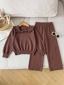 Souflis Young Girls Sweater Co-Ords Peter Pan Collar Brown Autumn/Winter Mid-Weight Soft Fabric Round Neck Regular Shoulder Long Sleeve Mommy And Me Princess - Chocolate Brown - View 7