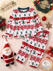 SHEIN Kids Boys' Christmas Plush Long Sleeve & Long Pants Pajama Set, 2 Pieces Loungewear, Christmas & Pattern, Comfortable For Autumn/Winter Holiday - Red and White - View 4