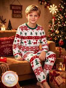 SHEIN Kids Boys' Christmas Plush Long Sleeve & Long Pants Pajama Set, 2 Pieces Loungewear, Christmas & Pattern, Comfortable For Autumn/Winter Holiday - Red and White - View 1