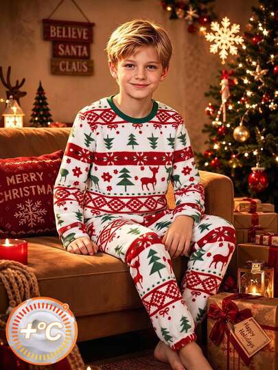 SHEIN Kids Boys' Christmas Plush Long Sleeve & Long Pants Pajama Set, 2 Pieces Loungewear, Christmas & Pattern, Comfortable For Autumn/Winter Holiday