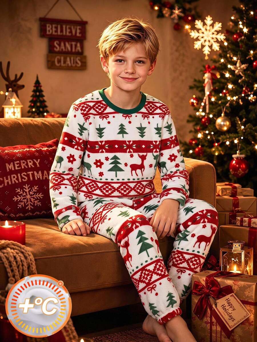 SHEIN Kids Boys' Christmas Plush Long Sleeve & Long Pants Pajama Set, 2 Pieces Loungewear, Christmas & Pattern, Comfortable For Autumn/Winter Holiday - Red and White - View 1