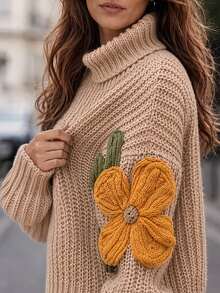 Zayélia Sweater Lengan Panjang Kasual Wanita Motif Bunga 3D untuk Sehari-hari - Coklat - View 3