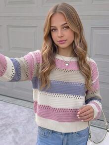SHEIN Teen Girl Teen Girl Casual Colorful Striped Off Shoulder Loose Batwing Long Sleeve Sweater, Autumn/Winter Fall Back To School - Pink - View 1