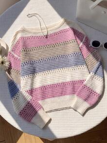 SHEIN Teen Girl Teen Girl Casual Colorful Striped Off Shoulder Loose Batwing Long Sleeve Sweater, Autumn/Winter Fall Back To School - Pink - View 2