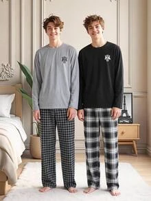 SHEIN Dozemod 童裝大童男孩極簡印花圓領短袖純色T恤 + 格紋鬆垮休閒睡褲 秋季 4件套 - 彩色 - 查看 1