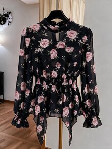 GlowEve CURVE Plus Size Black Background Large Pink Rose Print Semi-High Neck Back Hollow Out Sheer Chiffon Blouse For Women, Elastic Waist Ruffle Hem Flared Long Sleeve Gentle Style Commute Floral Top - Multicolor - View 1