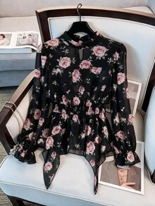 GlowEve CURVE Plus Size Black Background Large Pink Rose Print Semi-High Neck Back Hollow Out Sheer Chiffon Blouse For Women, Elastic Waist Ruffle Hem Flared Long Sleeve Gentle Style Commute Floral Top - Multicolor - View 3