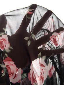 GlowEve CURVE Plus Size Black Background Large Pink Rose Print Semi-High Neck Back Hollow Out Sheer Chiffon Blouse For Women, Elastic Waist Ruffle Hem Flared Long Sleeve Gentle Style Commute Floral Top - Multicolor - View 5