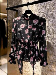 GlowEve CURVE Plus Size Black Background Large Pink Rose Print Semi-High Neck Back Hollow Out Sheer Chiffon Blouse For Women, Elastic Waist Ruffle Hem Flared Long Sleeve Gentle Style Commute Floral Top - Multicolor - View 4