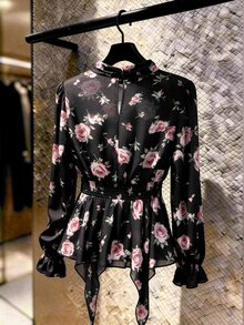 GlowEve CURVE Plus Size Black Background Large Pink Rose Print Semi-High Neck Back Hollow Out Sheer Chiffon Blouse For Women, Elastic Waist Ruffle Hem Flared Long Sleeve Gentle Style Commute Floral Top - Multicolor - View 2