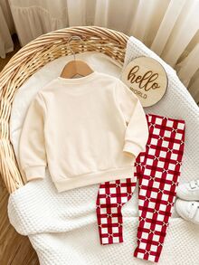 1 Set Baby Girls Cute Christmas Pattern Printed Fuzzy Crew Neck Long Sleeve Sweatshirt Pullover And Matching Bow Print Leggings Set, Suitable For Autumn/Winter - Multicolor - View 2