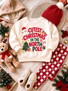 1 Set Baby Girls Cute Christmas Pattern Printed Fuzzy Crew Neck Long Sleeve Sweatshirt Pullover And Matching Bow Print Leggings Set, Suitable For Autumn/Winter - Multicolor - View 1