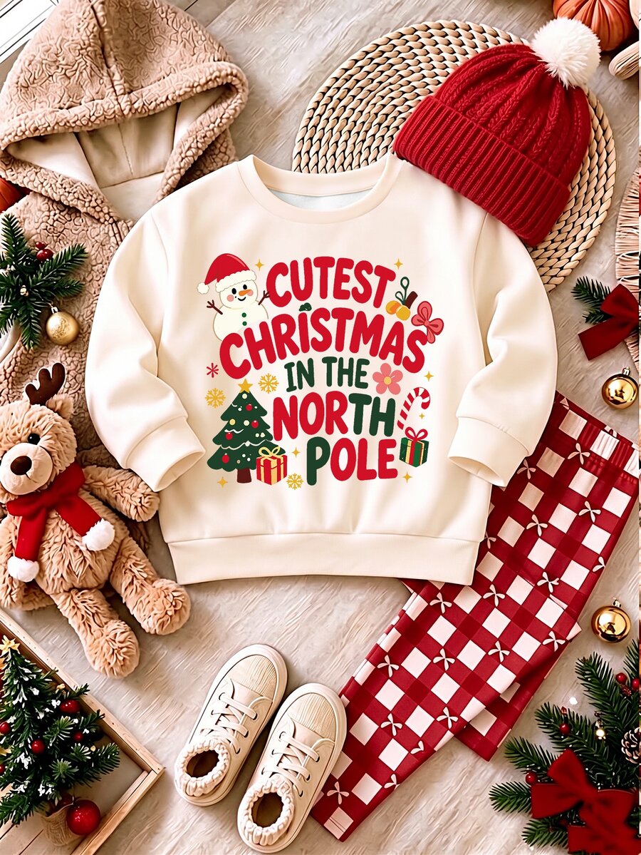 1 Set Baby Girls Cute Christmas Pattern Printed Fuzzy Crew Neck Long Sleeve Sweatshirt Pullover And Matching Bow Print Leggings Set, Suitable For Autumn/Winter - Multicolor - View 1