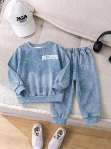 2pcs Baby Boys Back Letter Print 3D Printed Crew Neck Fleece Long Sleeve Sweatshirt And Matching Printed Fleece Sweatpants Set, Suitable For Autumn/Winter - Multicolor - View 3
